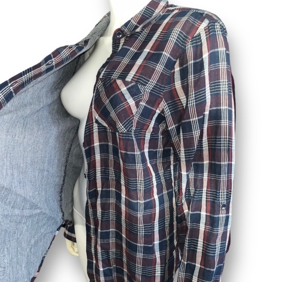 SANDRA Ingrish Red Maroon White Blue Chambray Trim Plaid Flannel Shirt Top XL - Picture 1 of 9